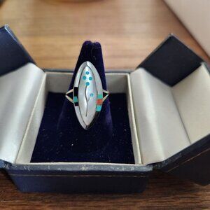Signed Zuni Vintage Sterling Silver Multi-Stone Inlay Ring With Turquoise & Cora